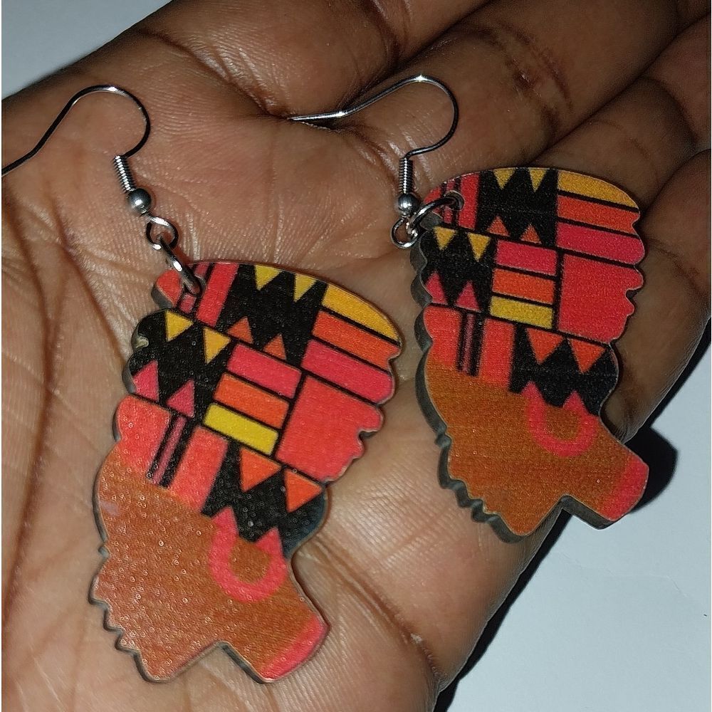 Ladies African Wooden Festive Dangle Earrings - Picture 1 of 7